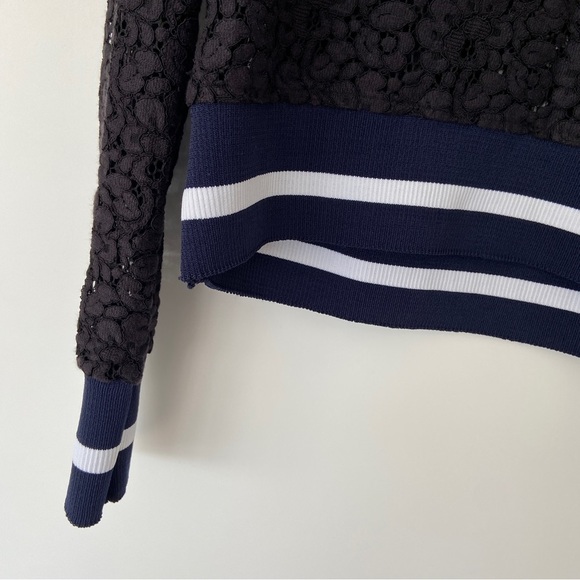 ZARA NAVY BLUE LACE LONG RAGLAN SLEEVED TOP WITH RIBBED NECKLINE AND CUFFS, XS - Picture 7 of 10